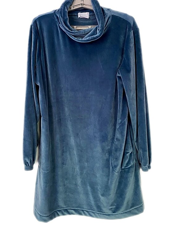 Softies Dresses & Skirts - Softies Dress 35" Feather Velour Funnel Neck Lounger Dress Blue Velvet Blue L
